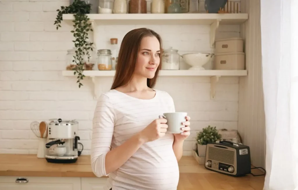 Seorang wanita hamil sedang memegang secangkir air di dapur